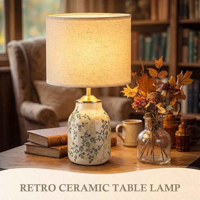 Tellingyou 1 Pcs 21" Vintage Green Ceramic Lamp with Beige Linen Shade Farmhouse Modern Table Lamp Ice Cracked Rose Floral for Bedroom Living Room Office Dorm Desk Table Rocker, Bulbs Not Included