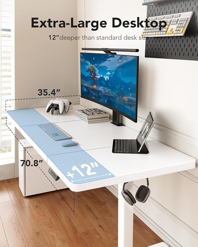 HUANUO Electric Standing Desk, 71 x 35 inch Large Height Adjustable Table, Powerful Brushless Motor, 4 Memory Preset, Sit Stand Up Desk, Home Office Computer Table with Thick T-Shaped Frame,White