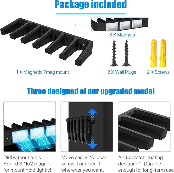 Upgraded Magnetic PMAG Wall Mount & Magazine Rack, 1 Pcs | Standard Capacity Mag Holder, Home Tactical Storage, Heavy Duty Display Stand, Room Organizer