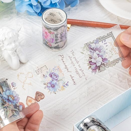 Nostalgic Flowers PET Vintage Floral Washi Tape Set, 6 Rolls Wide Decorative Craft Tape for Journaling Supplies, Scrapbooking, Bullet Journal, Junk Journal, DIY Crafts and Gift Wrapping