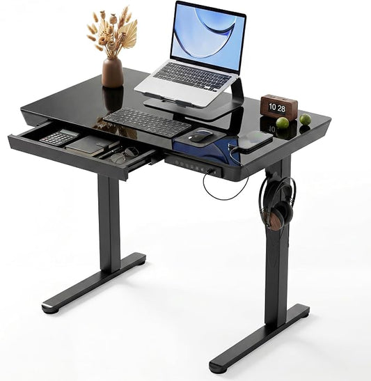 Claiks Small Glass Standing Desk with Drawers & USB Ports 32x19 Black | 3 Steps Quick Install, Buil in Drawer, USB Ports, Ultra White One-Piece Glass Top, Writable Top