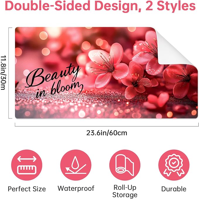 Dual-Sided Synthetic Leather Decorative Makeup Mat for Crafting, Furniture Protection, Scratch & Stain Resistant Surface Desk Pad, Waterproof Easy to Clean Vanity Protector (Floral Black)