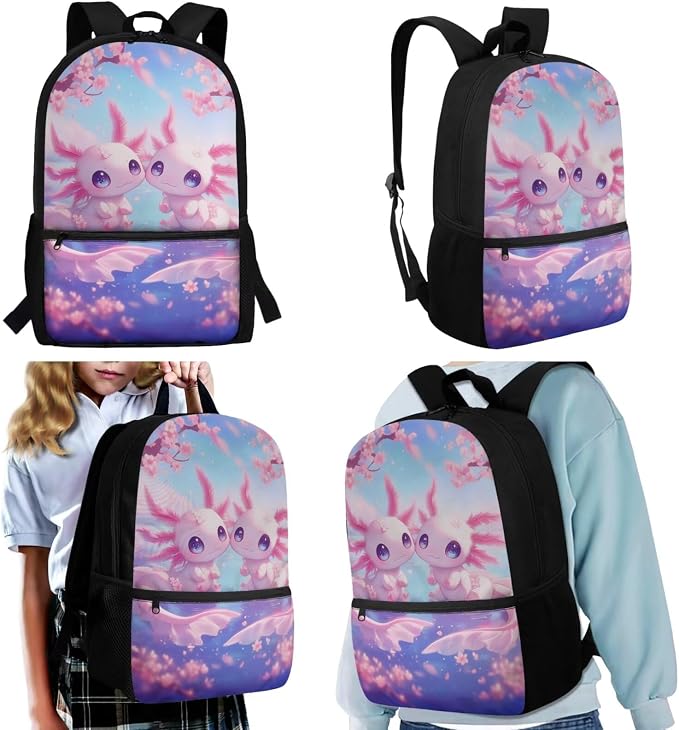 WELLFLYHOM Kid Axolotl School Backpack with Lunch Box for Elementary Girl Back to School Supplies, Pink 17 Inch Cherry Blossom 4 In 1 Bookbag with Wider Strap to Reduce Shoulder Pressure