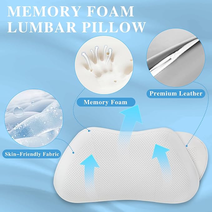 Car Lumbar Support Pillow for Driving Seat, White, 1 Pack | Leather Memory Foam Lumbar Cushion for Lower Back Pain Relief, Universal Back Support for Driving, Home & Office Chairs