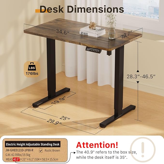 JOY worker Electric Small Stand Up Desk, 35" Whole Piece Height Adjustable | 35" x 20" Rustic Brown Compact Sit Stand Desk with Memory Controller, Narrow Computer Workstation for Home Office Walking Pad