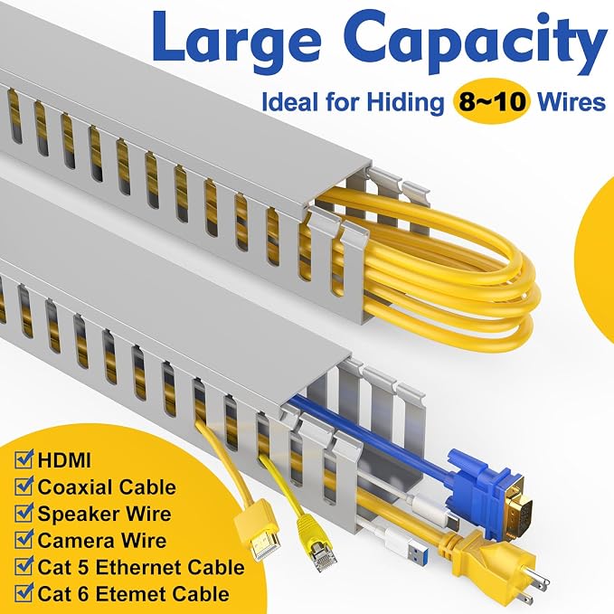 Open Slot Wiring Raceway Cable Duct,Cable Management Cord Track | 123" open slot cable raceway,Grey 1.57x1.57", 8 pcs desk wire channel to hide computer cables and cords