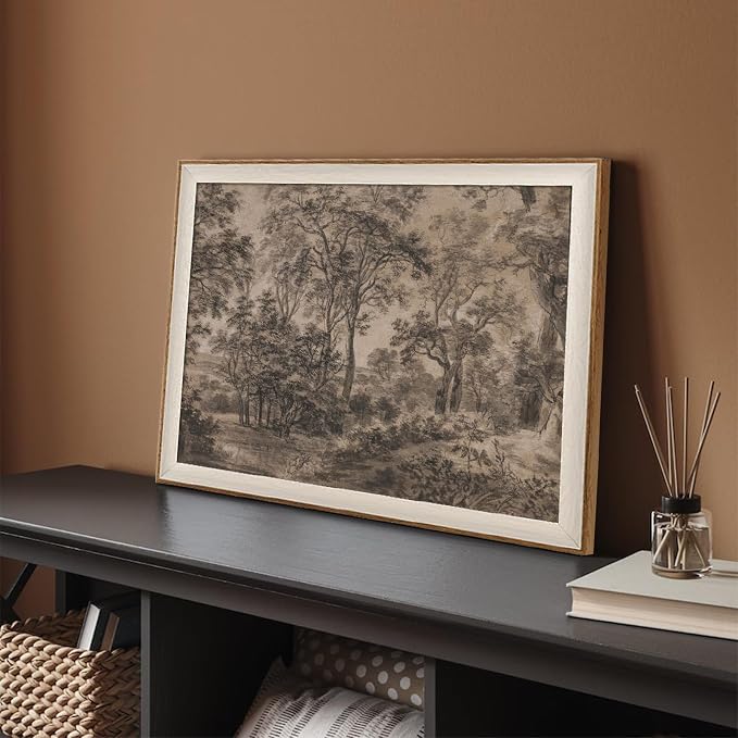 Framed Canvas Wall Art for Living Room Decor, Vintage Neutral Brown Woodland Landscape Painting Farmhouse Canvas Prints Artwork, Antique Wall Pictures Decor for Bedroom Gallery Office, Bathroom Wall Decor - 12x16Inch