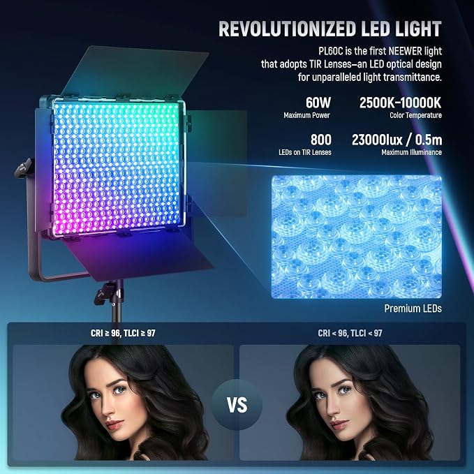 NEEWER 2 Pack PL60C RGB LED Panel Video Light Kit with 6.6ft/2m Spring Cushioned Tripod Stands/Bag, APP/2.4G/DMX Control, 60W 2500-10000K Pro Photography Studio Recording Streaming Key Lighting