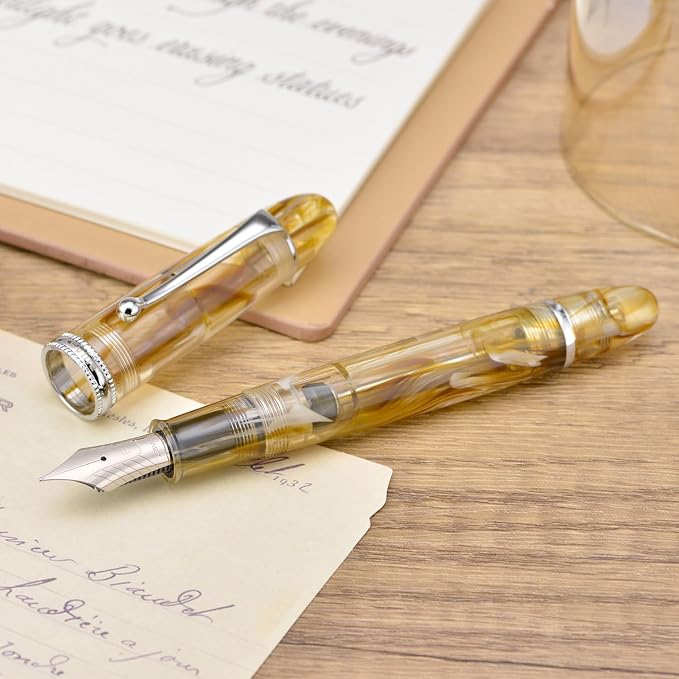 Asvine V800 Fountain Pen -Vacuum Filling System with Large Ink Capacity-Number 8 Stub Nib 1.1mm Calligraphy Art Drawing with Wrench Gift Set- Brown White Acrylic