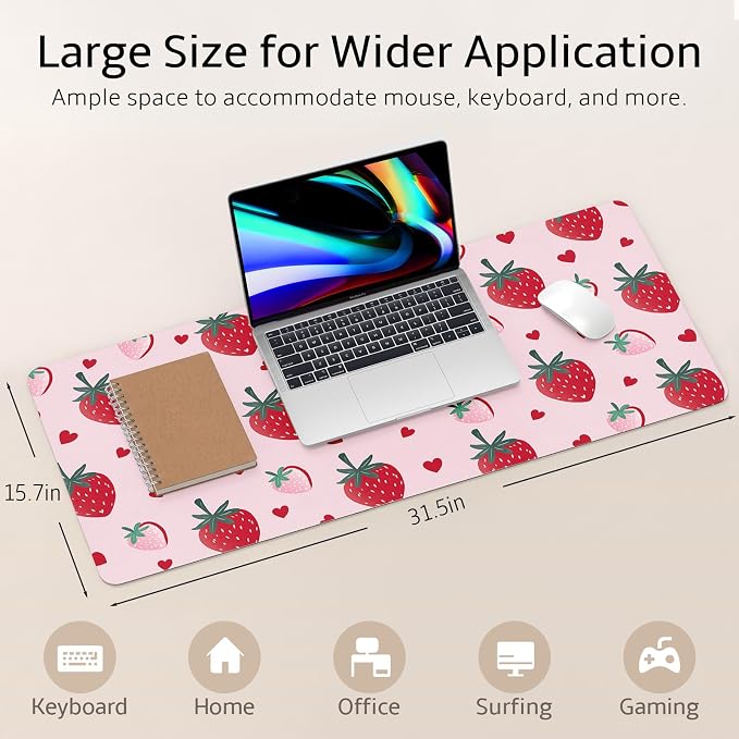 Mouse Pad Leather Desk Mat Large Keyboard Cute Office Desktop Computer Laptop XXL Long Big Aesthetic Modern Design Women Girls Gaming Gamer Oversized Wide Mousepad 31.5"x15.7", Strawberry