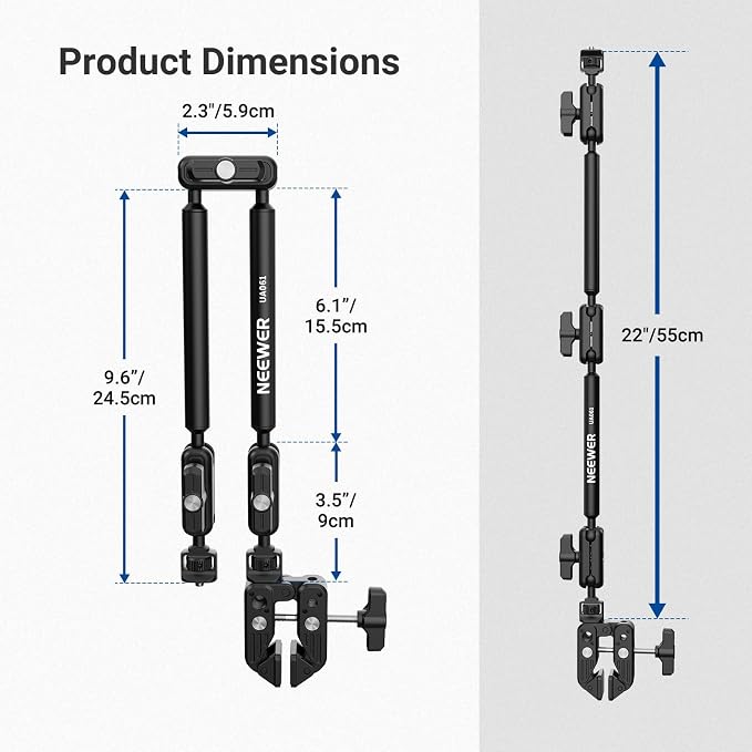 NEEWER Basics Magic Arm Table Stand, 55 cm Microphone Arm Overhead Mobile Phone Holder Desk with 1/4" 3/8" Threads for ARRI, for DSLR Action Cam Webcam Mic LED Light for Video Reinforcement, UA061