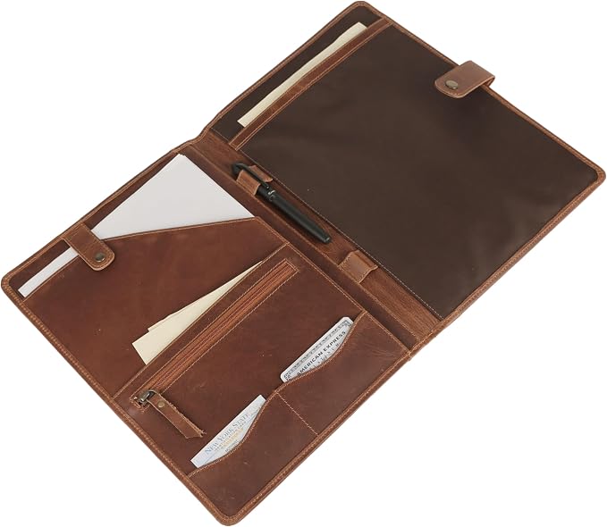 KomalC Leather Portfolio Folder with Button Closure | Business Padfolio for Professionals | Vintage Organizer with Legal Pad Holder, Card Slots & Document Pockets (Serena)