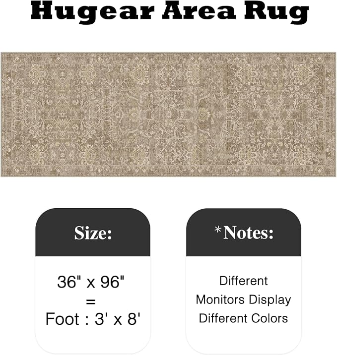 HUGEAR 3x8 Runner Rug Hallway Light Brown Machine Washable Vintage Floral Low Pile Carpet Vacuumable Distressed Long Throw Rug Bedroom Office Bathroom Kitchen Laundry Non Slip Soft Lightweight