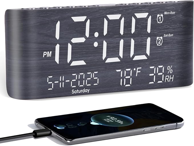 PPLEE 8.7-Inch Large Display Digital Alarm Clock, Dual Alarms & 2 USB | Day, Date, Temperature & Humidity Display, Adjustable Brightness, Snooze and Dual USB Charging for Bedroom and Heavy Sleepers