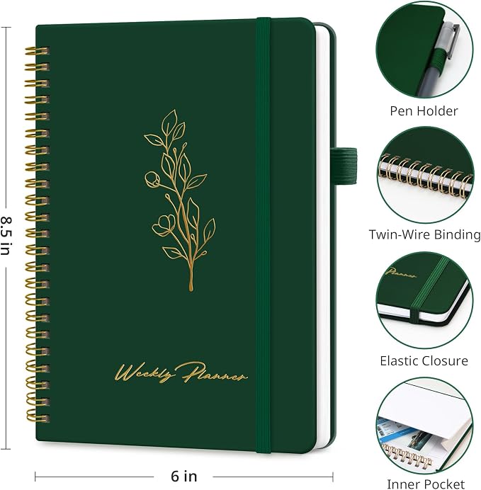 Taja Undated Weekly Planner, Weekly To Do List Notebook with Goal & Habit Tracker Organizer, A5 Weekly Planner Notebook with Spiral Binding, 6.1" x 8.2" - Dark Green