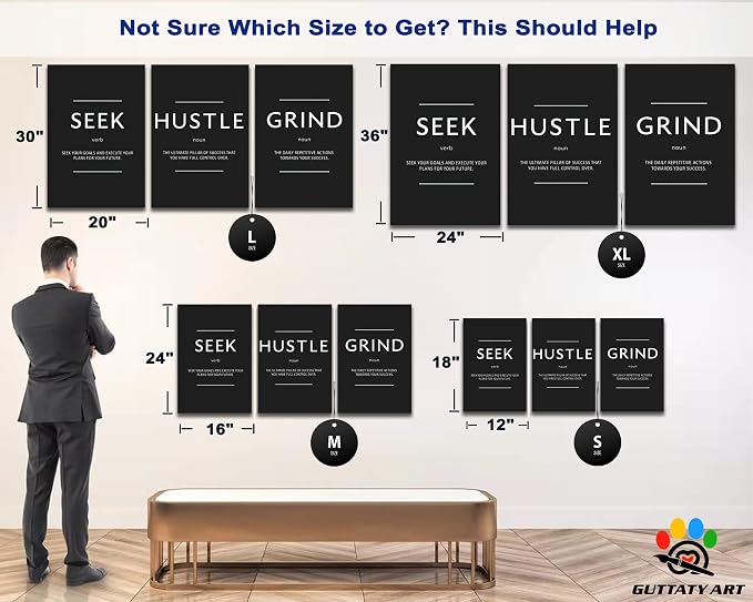 Office Wall Art - 3 Panel Motivational Wall Art, Inspirational Quotes Canvas Art for Home Office Wall Decor, Positive Quotes Wall Decor, Entrepreneur Grind Hustle Execution Poster Frame (20”x30”x3Pcs)