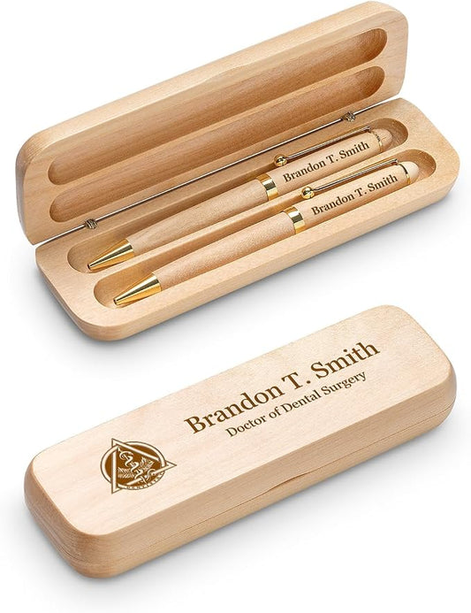 Executive Gift Shoppe | Dentist Theme Laser Engraved Maple Wood Double Pen and Box Set