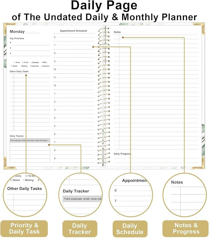 Undated Daily Monthly Planner for 2026 or Anytime - A5 To Do List with Hourly Schedule, Hardcover Spiral Bound Daily Planner to Increase Focus, Stylish School/Office Supplies, 5.8" x 8.5", Green Leaf