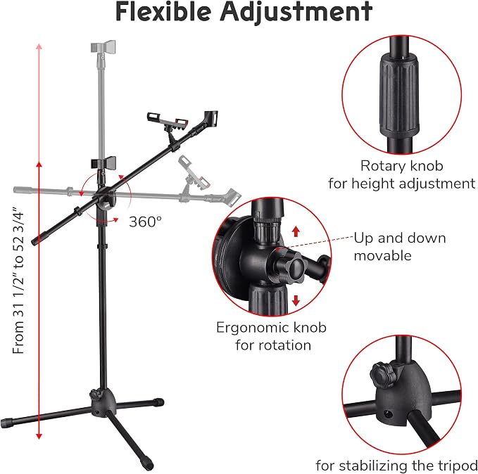 AW 4 Packs Microphone Boom Arm Stand Dual Mic Clips Adjustable Tripod Phone Holder for Performance Singing Wedding Stage and Outdoor