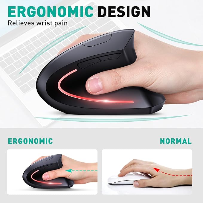 JYKEYMOUT Bluetooth and 2.4G (2-in-1) Rechargeable Wireless Mouse, Ergonomic Vertical Design, 1000/1200/1600 DPI, 6 Silent Buttons, for Laptop, Computer, PC, MacBook, Chromebook-Black