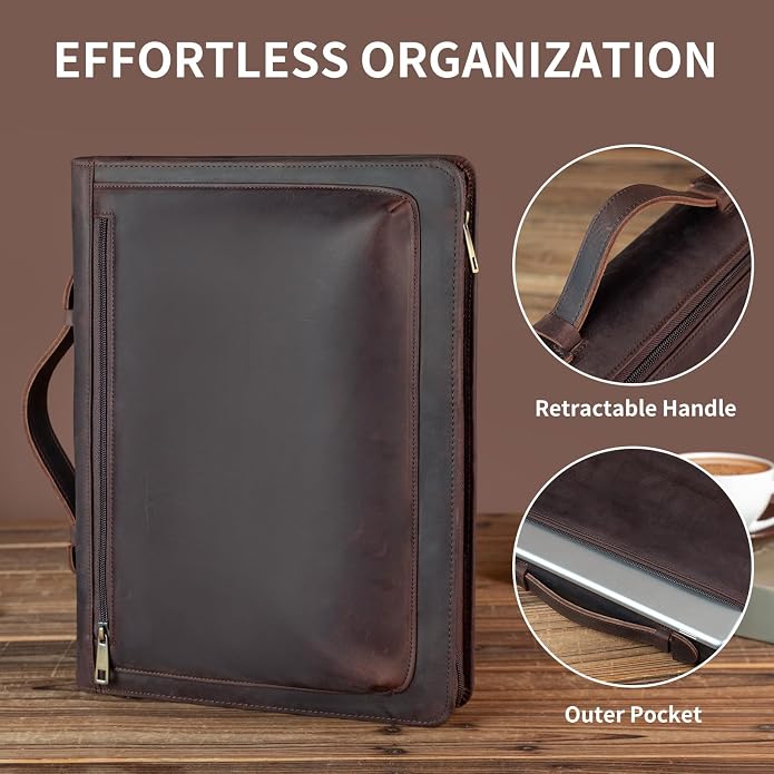 YIWEN Handmade Leather Portfolio with Handle – Zippered Front Pocket, Clip for Letter Size Notepad, Business Travel Padfolio