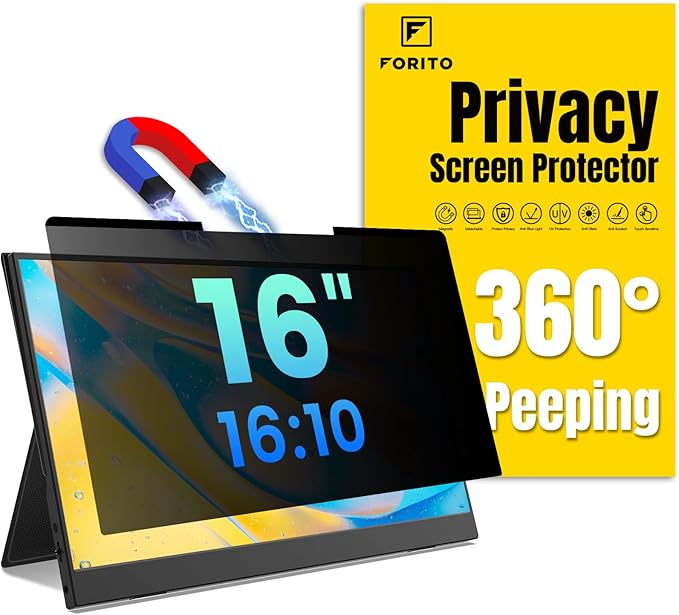 F FORITO Magnetic Laptop Privacy Screen 16 inch 16:10, 360° Anti Peeping Removable Anti Glare Blue Light Filter Compatible with All 16” 16:10 Laptops Portable Monitors