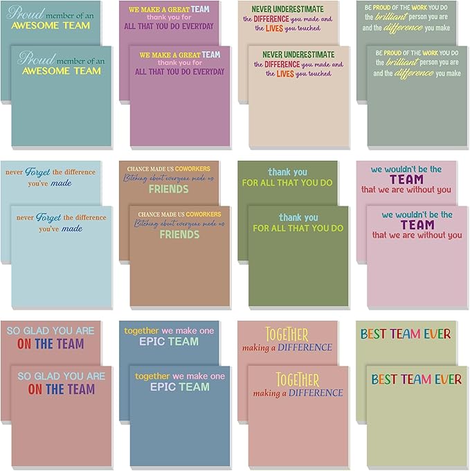 Yinder 24 Pcs Inspirational Sticky Notes Thank You Gift Motivational Sticky Note Pad Employee Appreciation Gift Bulk for Staff Coworker Teacher Nurse Office Groups 3 x 3'' (Team,Morandi)