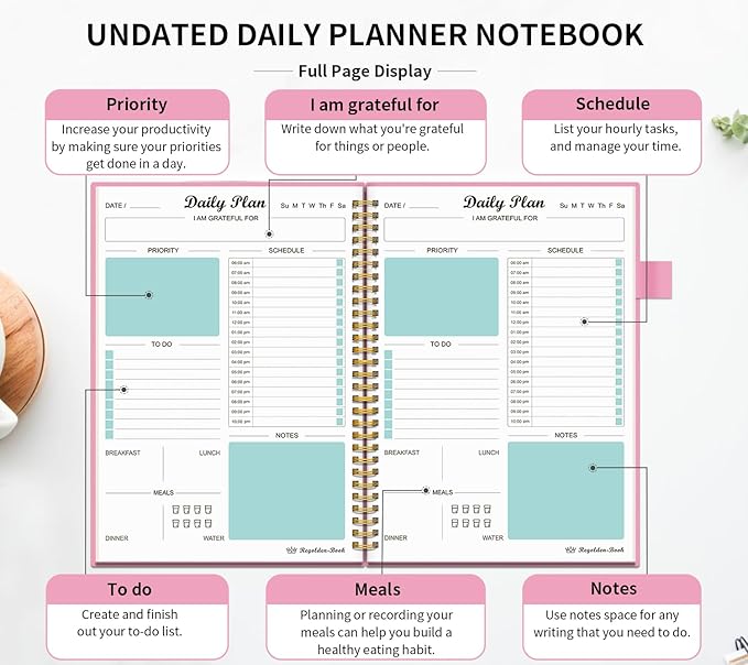 Daily Planner Undated, To Do List Notebook with Hourly Schedule Calendars Meal, Spiral Appointment Organizers Notebook for Man/Women, Pocket, Pen Loop, 160 Pages (5.5x8.5")
