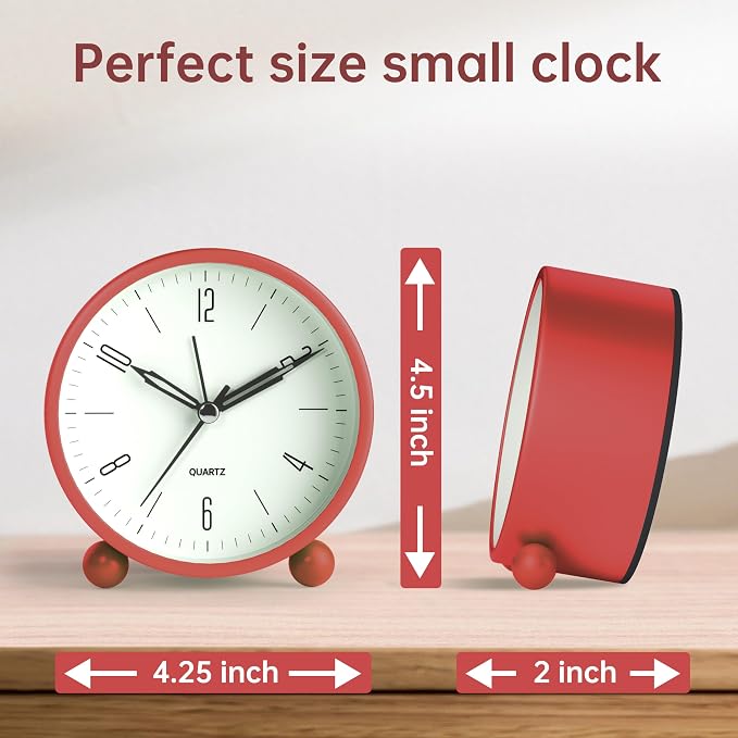 Analog Alarm Clock, 4 inch Super Silent Non Ticking Small Clock with Night Light, Battery Operated, Simple Design, Old Fashioned Style Wine-red Decor, for Bedroom, Bedside, Desk, Adult, Gift, Red