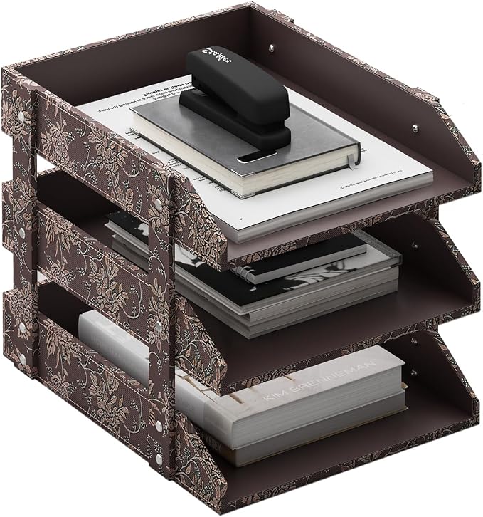 Leather Desk Organizer, Thipoten 3-Tier Stackable Letter Tray Holder for Office Supplies, Paper, File, Magazine, Perfect Office Organization for Desktop (Retro-3Tiers)