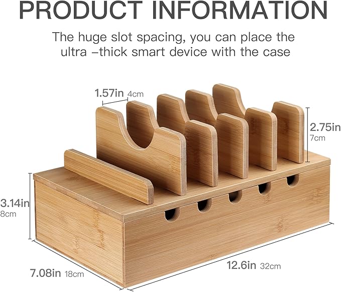 Bamboo Charging Station for Multiple Devices, Cell Phone Docking Charging Station Organizer, Nightstand Bedside Desk Device Charger Organizer for Laptop, Tablets and iPads