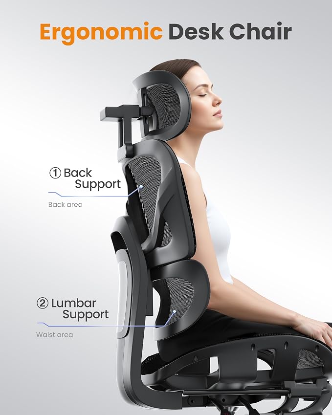 naspaluro Ergonomic Office Chair Lumbar Support High Back 350lbs Capacity | Adjustable Height Breathable Mesh Swivel Desk Chair with 3D Armrest Headrest, Footrest, PU Wheels, Comfy Computer Chair Black
