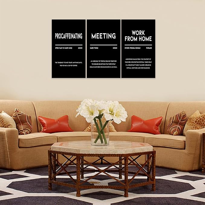3 Piece Inspirational Canvas Wall Art, Quotes "Procaffeinating - Meeting - Work From Home" Motivational Print Pictures, Triptych Entrepreneur Poster Framed Artwork for Men Women Room Decor(72"Wx36" H)