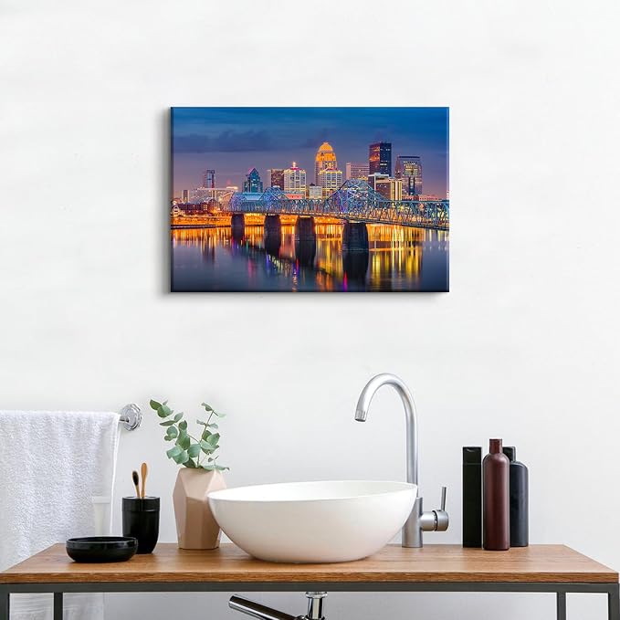 Modern USA Cityscape Canvas Wall Art for Bedroom Downtown Louisville in Kentucky Night Scenery Wall Decor Dining Room 16X24" Colorful Lights Building Skyline Panoramic Artwork Bathroom Home Decoration