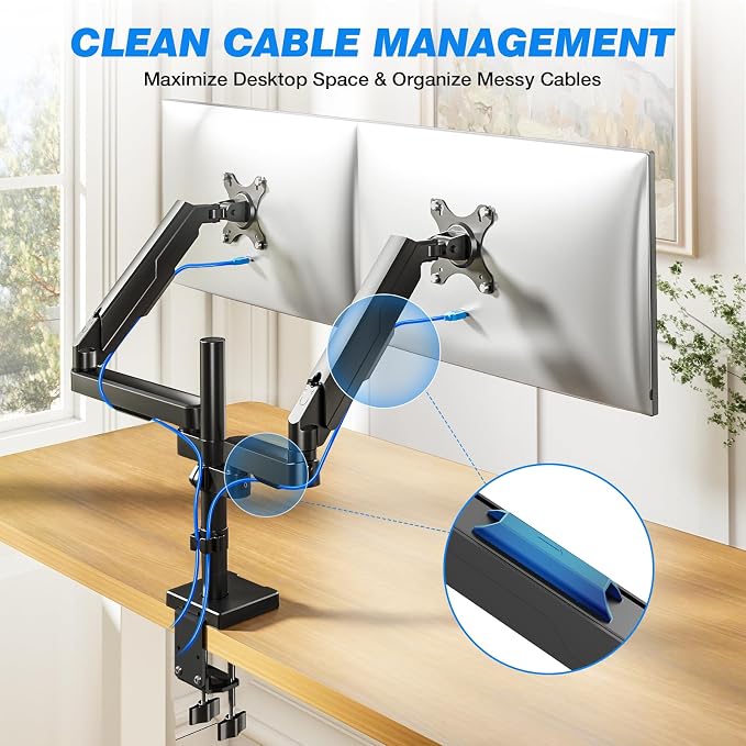 Rfiver Dual Monitor Stand Desk Mount for 17-34" Screens Holds up to 22lbs | Full Motion Height Adjustable, Tilt/Swivel, 360 Rotation VESA 75/100mm, Compatible C-clamp/Grommet Base Install