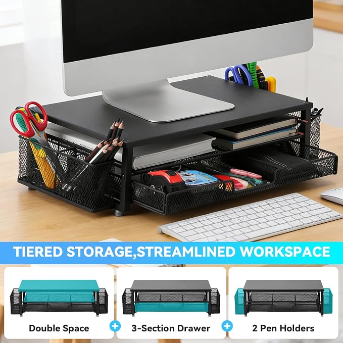 2-Tier Monitor Stand with Drawer, Laptop Stand with Storage for Desk, Heavy Duty Iron Computer Stand Riser & Desk Organizer with Drawers, Home Office Mesh Shelf for Monitor up to 32 Inch (Black)