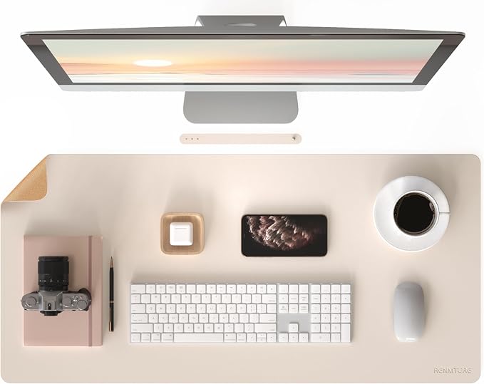 RENMTURE Dual-Sided Large Desk Pad, Faux Leather Natural Cork Mouse pad, Desk Accessories Protector, for Office and Home Work (Off-White, 36"x17")