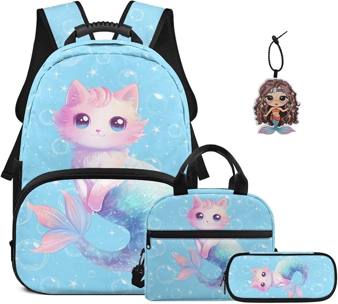 ZFRXIGN Cat Kids Backpack for Girls Bookbag with Cute Pendant 17inch Kindergarten School Bag and Insulated Lunch Box Portable Pencil Case Back to School Supplies