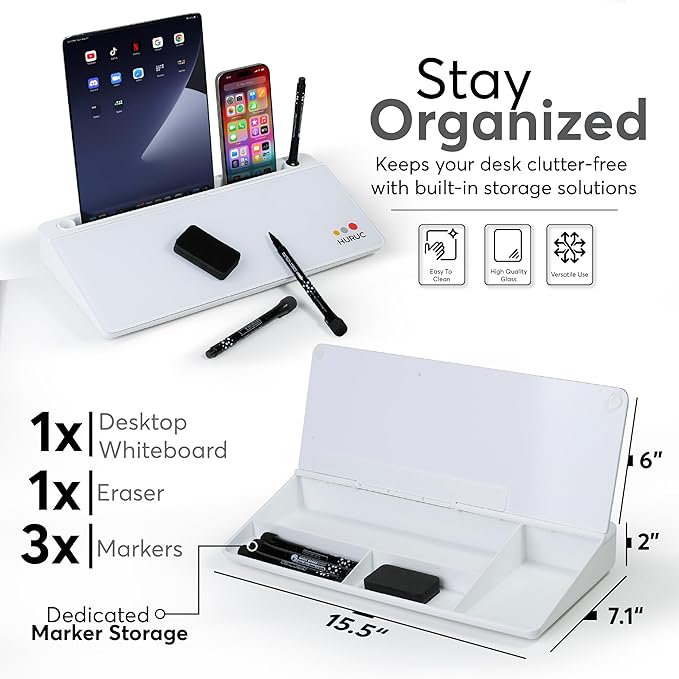 Small Glass Desktop Whiteboard with Storage,15.3"x7.08"x2.16" inch Desk White Board with Markers & Duster, Desktop Dry Erase Board, Desk Buddy Organizer for Home, Office, School (White)