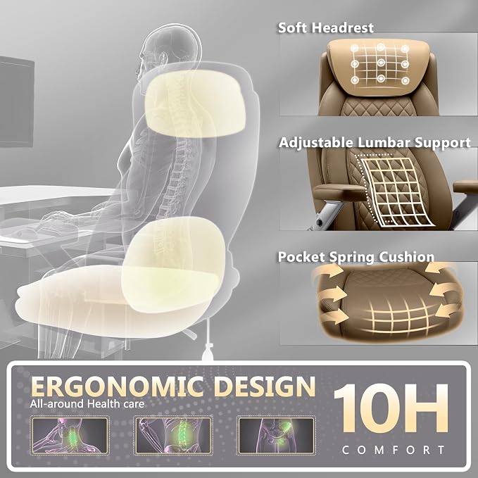 650LBS Big and Tall Office Chair with 5D Flip Arms and Thick Pocket Spring Cushion, Extra Wide Heavy Duty Office Chair & Adjustable Lumbar Support, Large High Back Computer Chair Dual Rubber Wheel