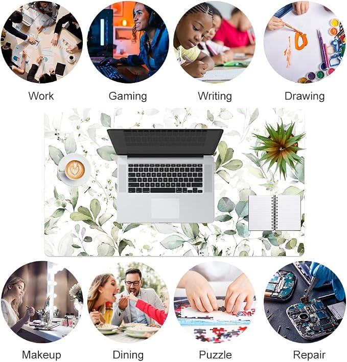 QIYI Large Mouse Pad, Extended Desk Mat for Desktop, PU Leather Waterproof Gaming Mousepad, Computer Desk Accessories Protector Writing Pads for School Office Home 23.6" x 13.8" - Soft Green Foliage