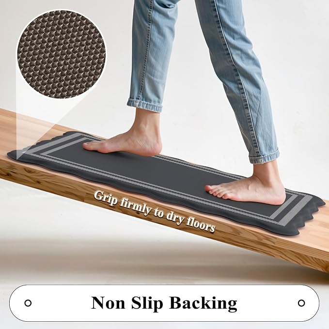 KIMODE Anti Fatigue Mats for Kitchen Floor 17"x59"+17"x29", Dark Grey Farmhouse Kitchen Rugs Sets of 2, Cushioned Kitchen Floor Mat Non Skid, Memory Foam Kitchen Mat for Laundry Office Sink Desk