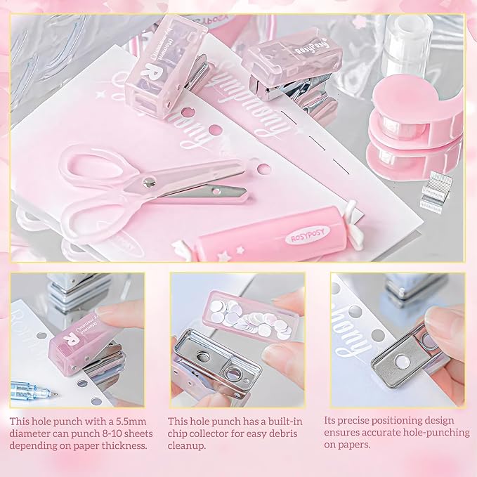 Christmas Gifts 7pcs Mini Stationary Kit with Compact Scissors Hole Punch Portable Stapler Mini School Supplies Kit Pink Stapler and Tape Dispenser Set for Students (Pink)