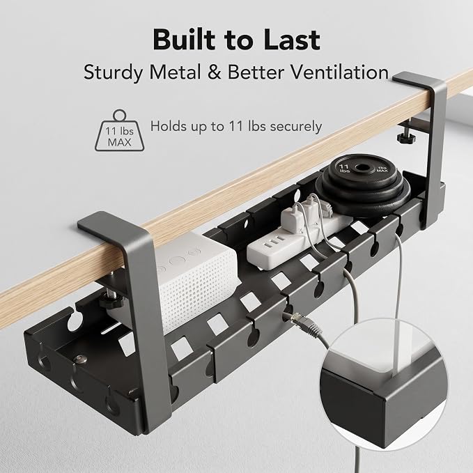 Under Desk Cable Management Tray, 16-29" Adjustable Metal Cord Rack | 【Heavy-Duty 11lbs Capacity】Easy install under desk cord organizer fits power strips & routers. Perfect for home office setups