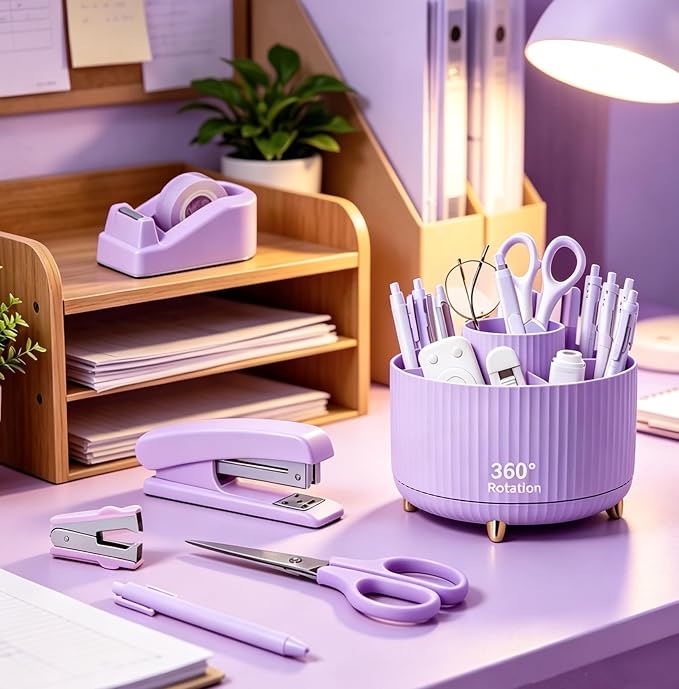 Office Supplies Set Rotating Pen Holder for Desk with Stapler Staple Remover Tape Dispenser 2pcs Tape Refills Binder Paper Clips Kit Scissor Pen Ruler & Sticky Tabs Pink Office School Supplies(Purple)