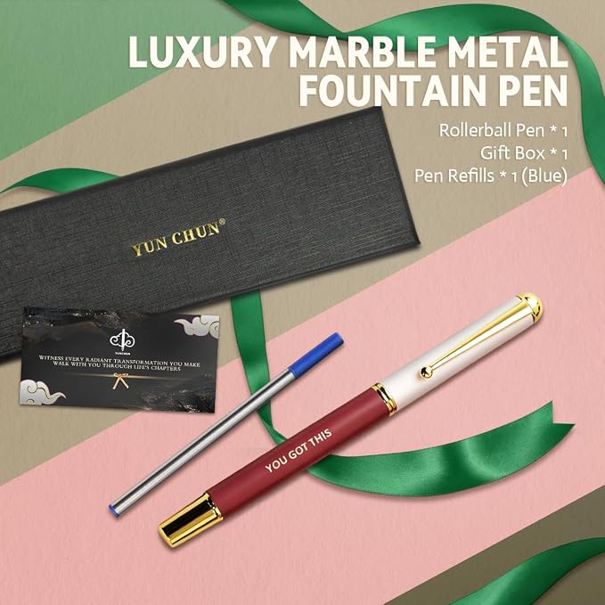 YUNCHUN Luxury Inspirational Rollerball Pen Set Gifts for Women, Metal Pens with Motivational Words, Smooth Black Ink Medium Point, Elegant Executive Gift Pens with Extra Blue Refill, Red