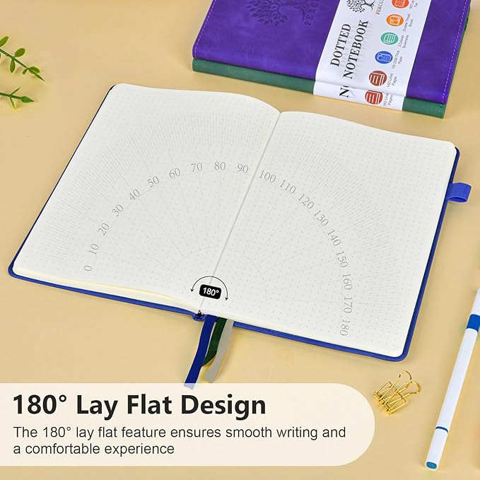 PERCUN Dotted Journal Notebook for Men & Women, 160 Pages Dot Grid notebook, A5 Hardcover Leather Bullet Journaling for Writing, Work, School, Travel, Daily Diary 5.9" x 8.5" (Navy)