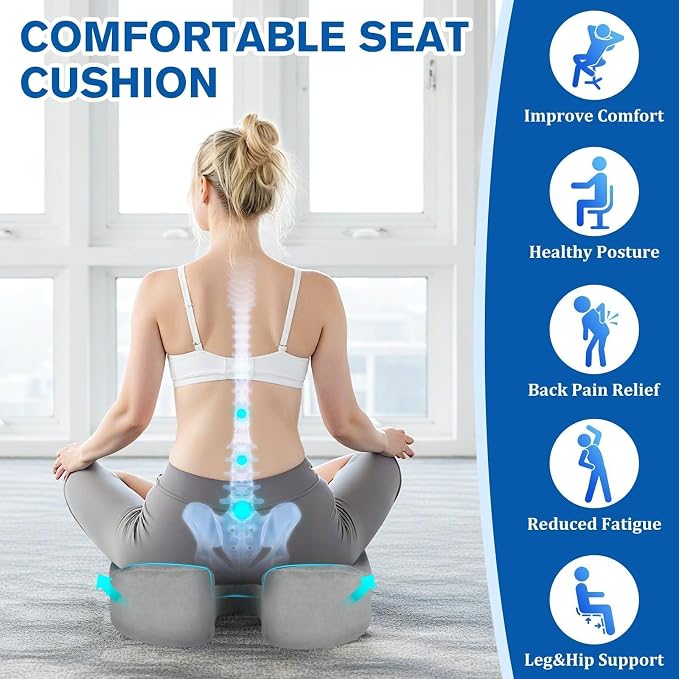 CushyOasis Seat Cushion, Chair Cushions, Office Chair Cushions, Anti-Slip Bottom & Removable Cover Tailbone Pain Relief Cushion, Memory Foam Seat Cushion, 5.28 in Thick (Light Grey)
