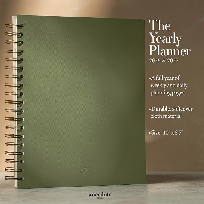 Anecdote Planner 2026 (8.5" x 10") Daily Planner Weekly Monthly Planner - 52 Weeks w/Library Buckram Cover, Brass Spiral - A4 Size Bleed-Resistant Paper – Olive Green