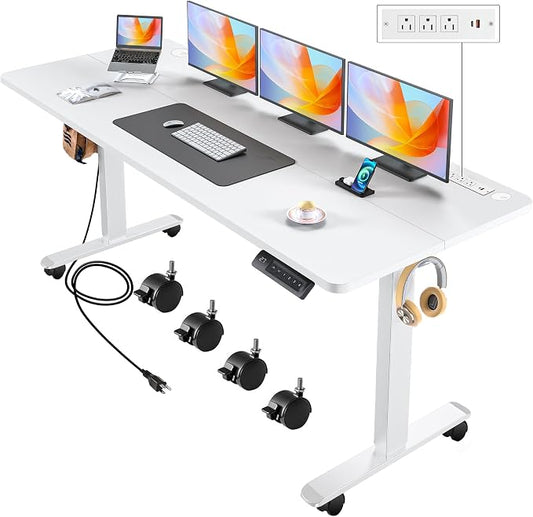 Electric Standing Desk with Wheels, 63'' x 24'' Standing Desk Adjustable Height with Charging Station, 2 USB Ports, 3 Power Outlets, 4 Caster, 27''-46'' Lifting Range Stand up Desk(White)